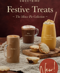 Promotional image of Sweetbird Festive Treats with drinks and mince pies on a wooden table.