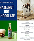 Hazelnut hot chocolate with a bottle of Tola & Co. Hazelnut Hot Chocolate mix, steps to make it, and a tip for serving.