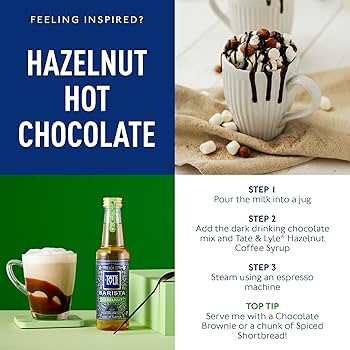 Hazelnut hot chocolate with a bottle of Tola & Co. Hazelnut Hot Chocolate mix, steps to make it, and a tip for serving.
