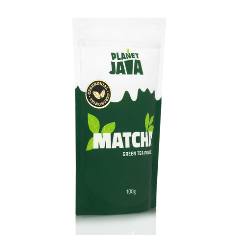 Planet Java Matcha green tea powder packaging on a white background